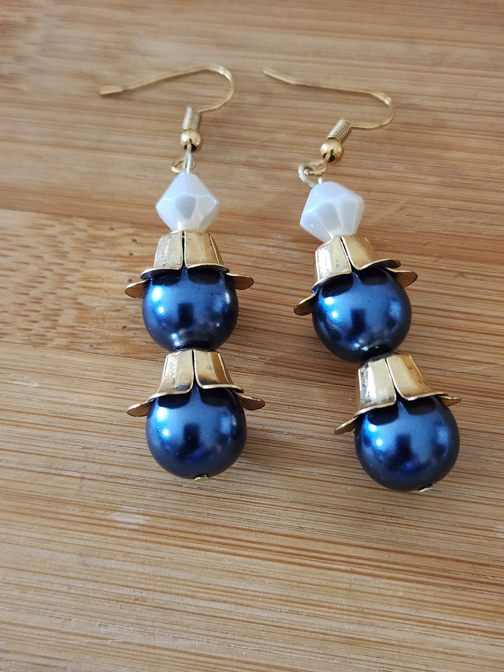 Hand Crafted Navy Blue Pearl Drop Earrings with Gold Accents and White Beads